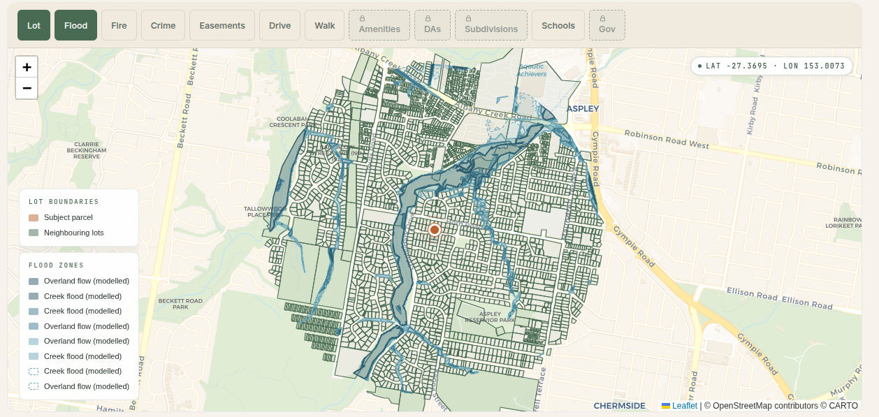 Flood map of Aspley in Brisbane, with the modelled creek-flood and overland-flow overlay shaded along the creek paths through the suburb.