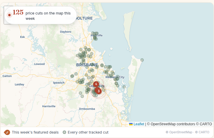 Map of greater Brisbane with a dot for every tracked asking-price cut in the week, labelled 125 price cuts on the map this week. The dots cluster heavily through Logan south of the city and along the bayside towards Redland City, thin out through the inner suburbs, and form a smaller group around Redcliffe in the north.