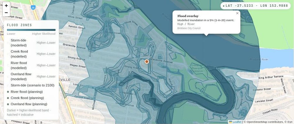 Map of the Brisbane River bend at Graceville with the council flood map shaded over the streets between Graceville Avenue and the river in blue, darker where the likelihood is higher, and an open information box reading Flood overlay, modelled inundation in a 5% (1-in-20) event, High / River, Brisbane City Council.