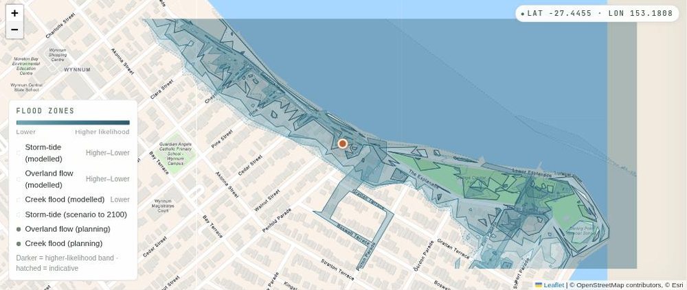 Map of the Wynnum bayfront with the council flood map shaded in blue along Wynnum Esplanade and the first two streets back from Moreton Bay, and the streets further inland unshaded.