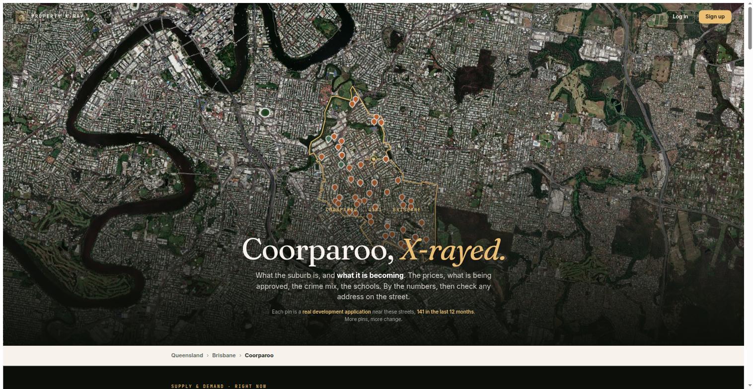 Development application map of Coorparoo in Brisbane, an aerial view with the suburb boundary outlined in gold and dozens of orange pins marking individual applications lodged in the last 12 months, clustered along the suburb's residential streets.