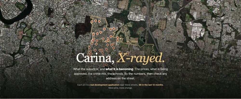 Satellite map of Carina in Brisbane with the suburb boundary traced in gold and pins marking 68 development applications lodged near its streets in the last 12 months.