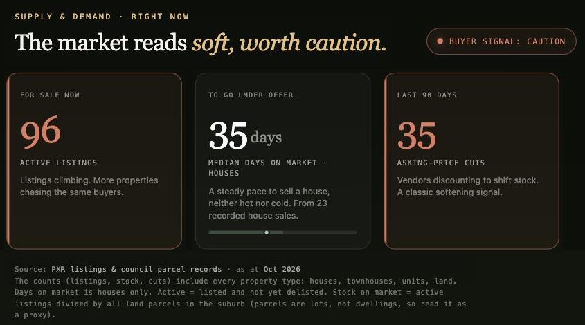 Carina suburb page market panel reading: 96 homes for sale now, a typical house taking 35 days to find a buyer (from 23 recorded sales), and 35 price cuts in the last 90 days, marked as a market to be careful in.