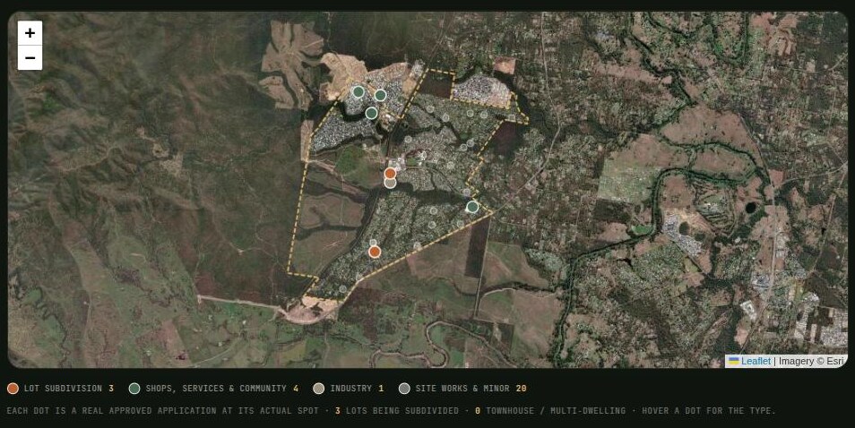 Map of the 28 council development applications approved across Flagstone in the last 12 months