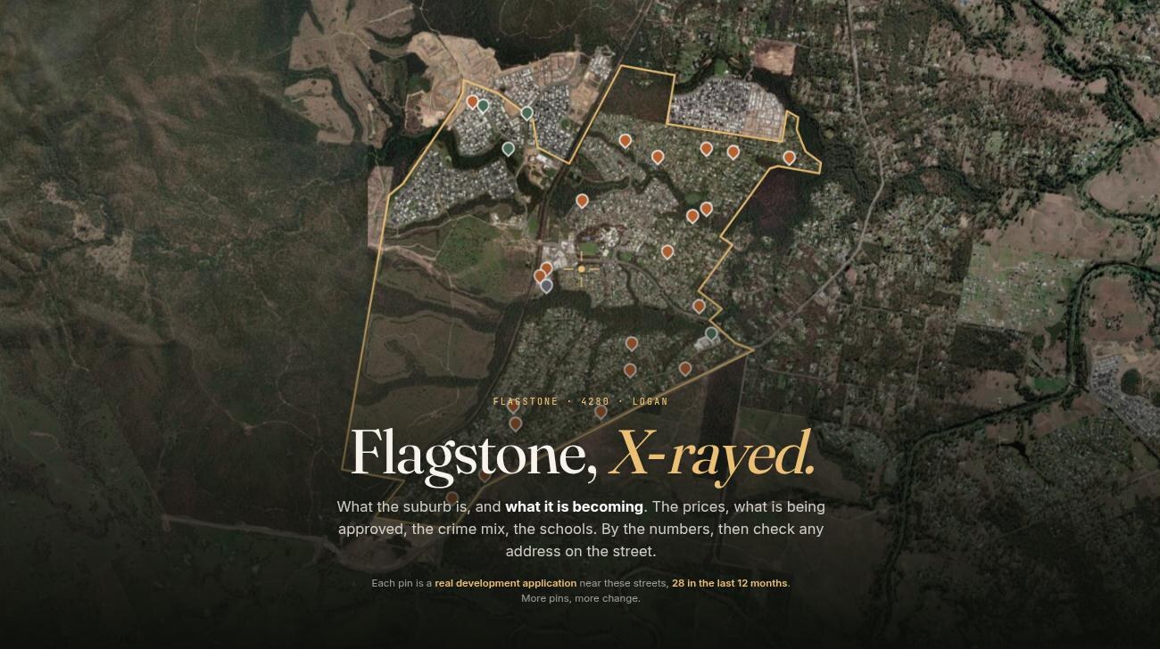 Flagstone suburb boundary and approved development applications on aerial imagery