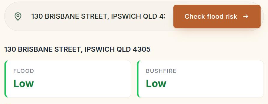 The same free flood check showing 130 Brisbane Street Ipswich QLD 4305 with a flood reading of Low in green and a bushfire reading of Low in green.