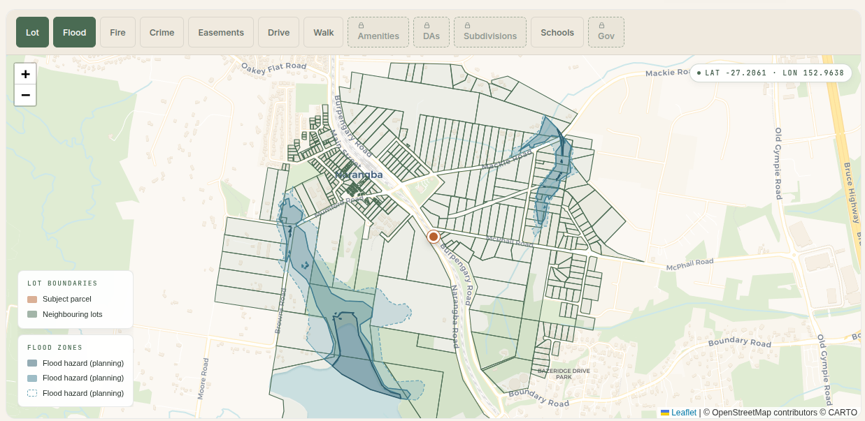 Flood-hazard map of Narangba in the Moreton Bay region, with mapped flood-hazard planning zones shaded along the creek corridors through the suburb.