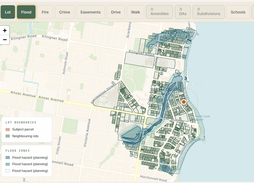 Flood map of the Redcliffe peninsula with planning-scheme flood hazard zones shaded blue along the low-lying creek lines and the bay edge