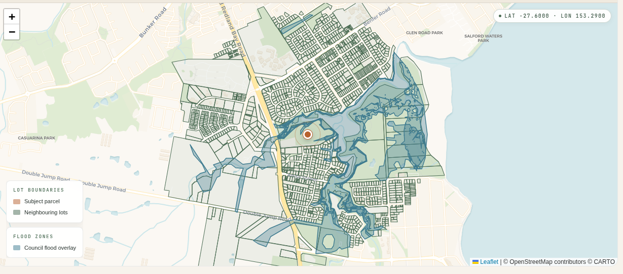 Flood map of Redland Bay in the Redland City Council area, with the council flood overlay shaded along the creek and waterway lines toward the bay.