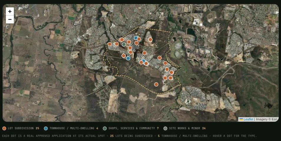 Map of council development applications approved across the Ripley suburb boundary in the last 12 months