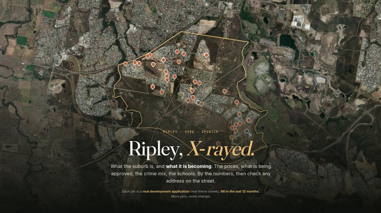 Ripley suburb boundary and approved development applications on aerial imagery