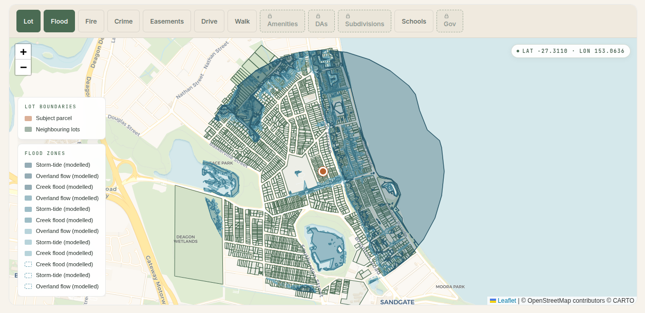 Flood map of Sandgate in Brisbane, with the modelled storm-tide zone shaded along the Moreton Bay foreshore and creek and overland-flow patches inland.