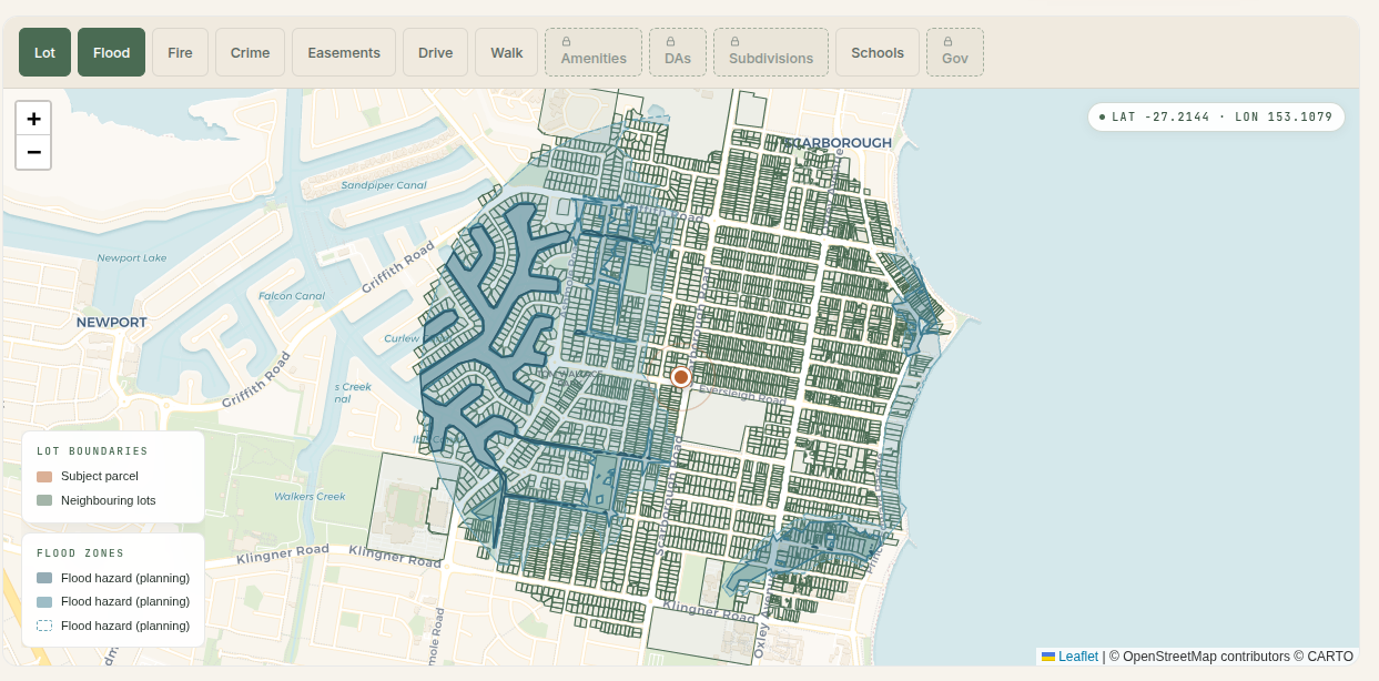 Flood-hazard map of Scarborough on the Redcliffe peninsula, with mapped flood-hazard planning zones shaded across the suburb and neighbouring Newport.