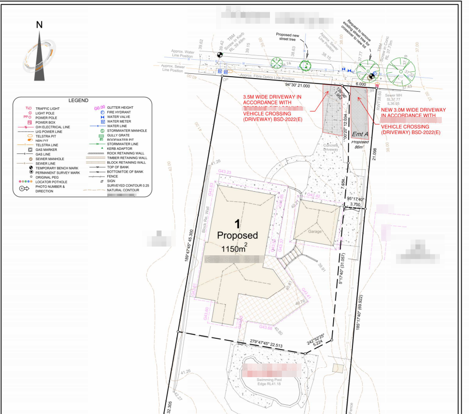 Subdivision plan showing a front lot, a rear battle-axe lot, and the access easement that serves it