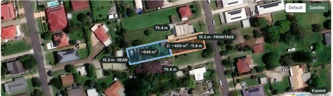 Aerial of a narrow deep block screened for a battle-axe subdivision, showing a front lot and a larger rear lot reached by a narrow access handle