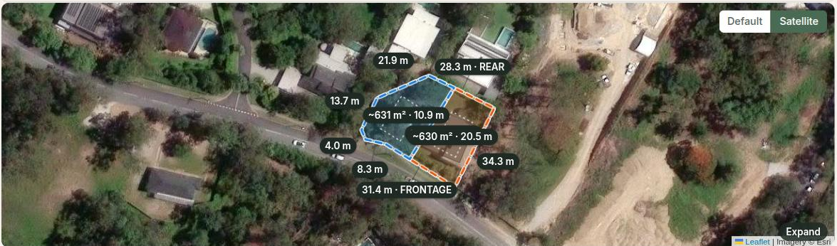 Aerial of a wide block screened for a side-by-side two-lot subdivision, showing two roughly 630 square metre lots each fronting the street