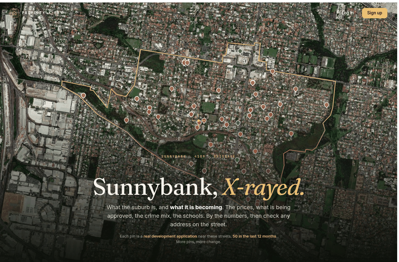 Aerial view of Sunnybank on its suburb page at propertyxray.com.au, the suburb boundary traced in gold and orange pins marking 50 development applications lodged near its streets in the last 12 months. 37 of Sunnybank's 41 house and townhouse advertisements show no price.