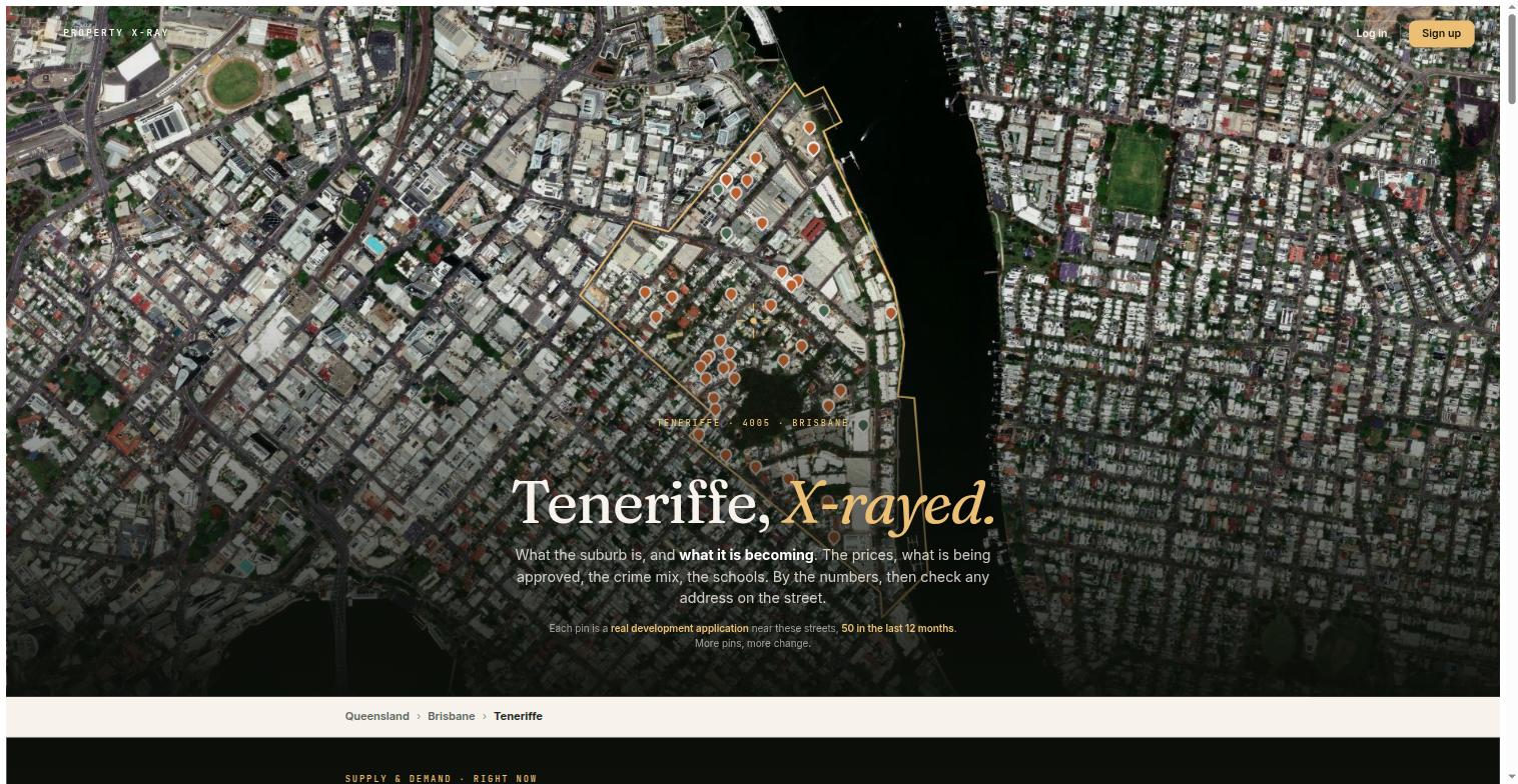 Development application map of Teneriffe in Brisbane, an aerial view of a small riverside boundary outlined in gold, packed edge to edge with application pins over dense apartment blocks and converted wool stores.