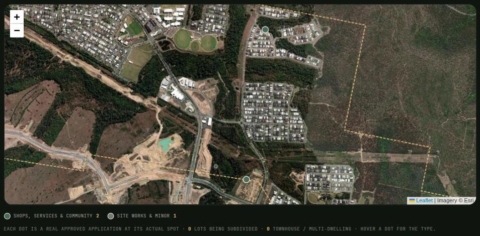 Aerial map of Yarrabilba showing only three council development applications approved in the last 12 months