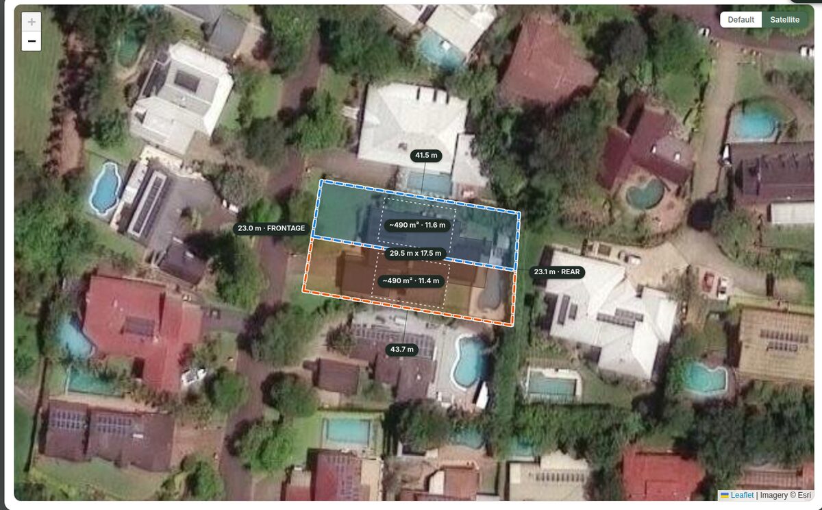 Property X-Ray subdivision screen: a block split into two roughly 490 m² lots, with 23 m frontage and 23 m rear, drawn over satellite imagery
