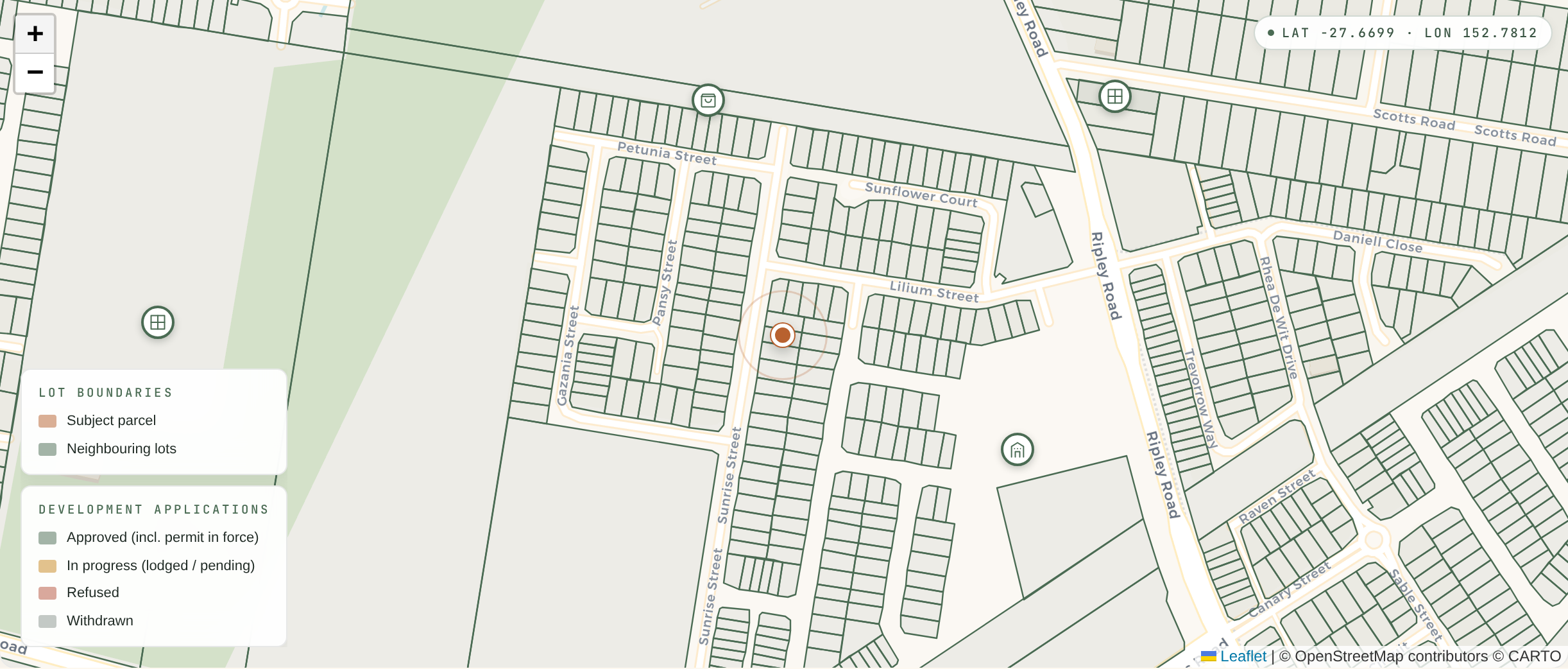 Property X-Ray development applications map: approved and pending DAs mapped around 79 Sunrise Street, Ripley