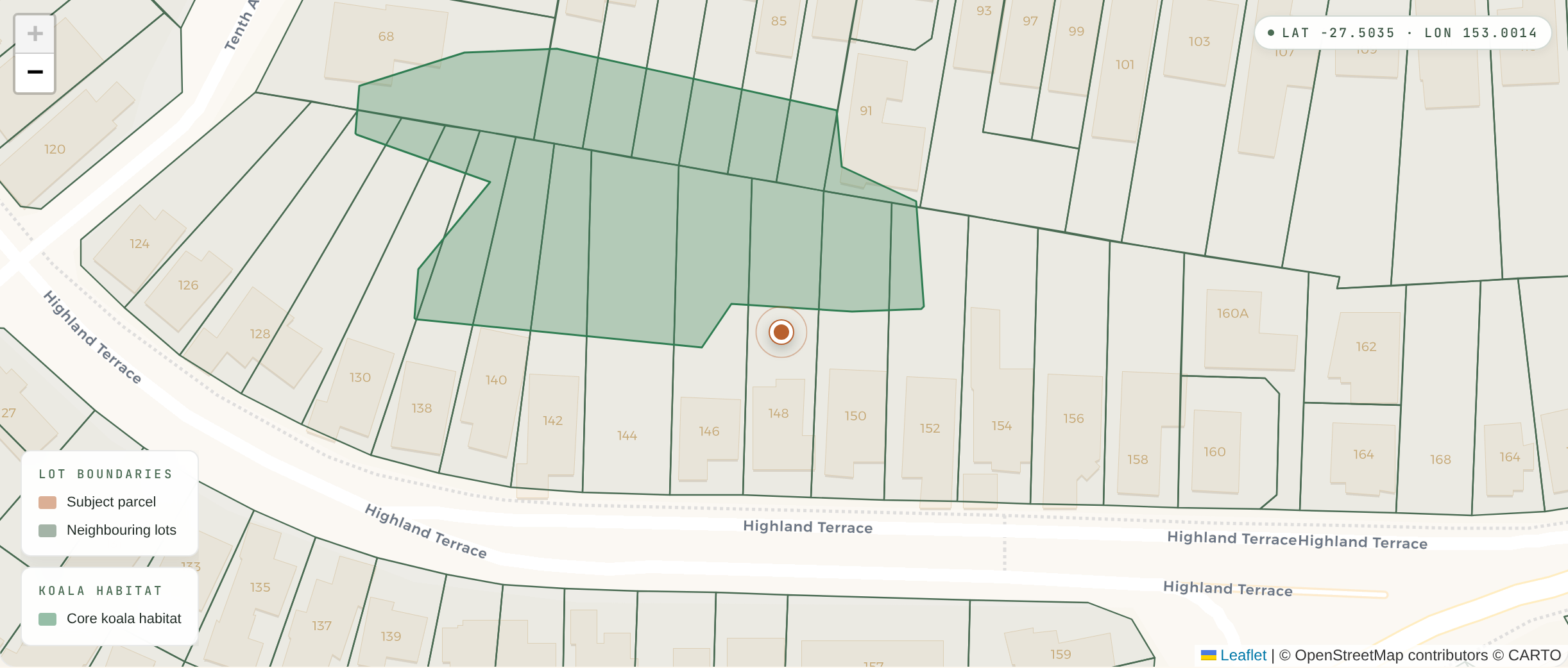 Property X-Ray koala habitat map of 148 Highland Terrace, St Lucia: Core koala habitat covers the back of the block — 374 m² (40%) that cannot be cleared