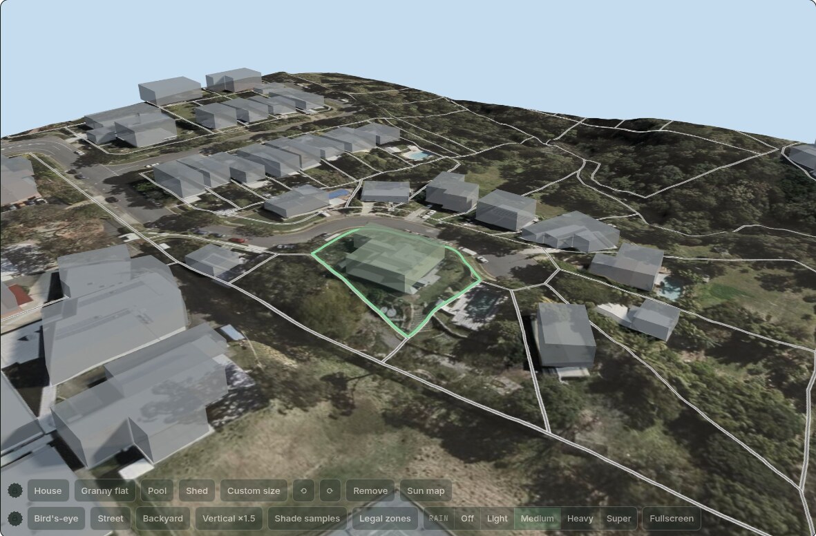 Property X-Ray Block Planner: a 3D terrain model of a Corinda street with the subject block highlighted and controls for sun, shadow and rain